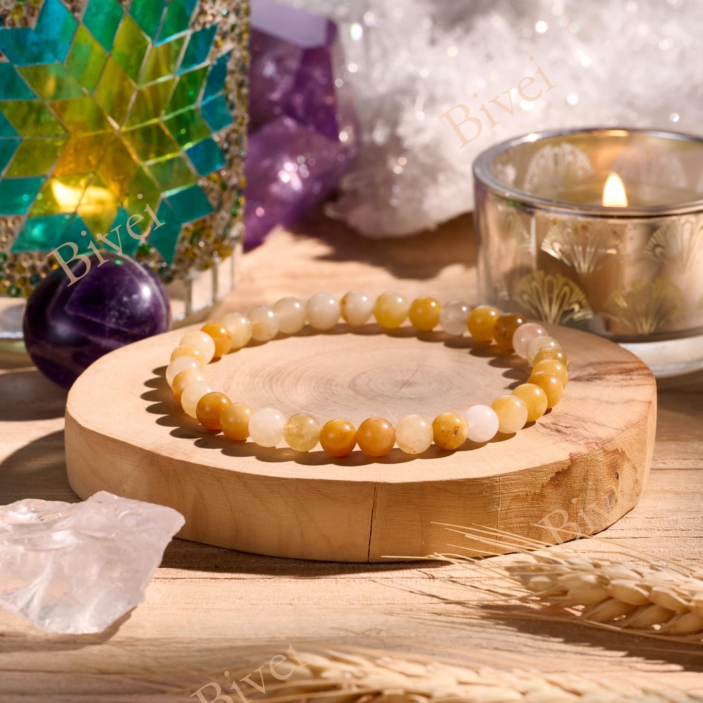 Bivei Yellow Jade-Optimism & Courage - 6mm Beaded Bracelets for Women Handmade Semi Precious Natural Stone Stretch Elastic Jewelry for Women Yoga Protection Gifts