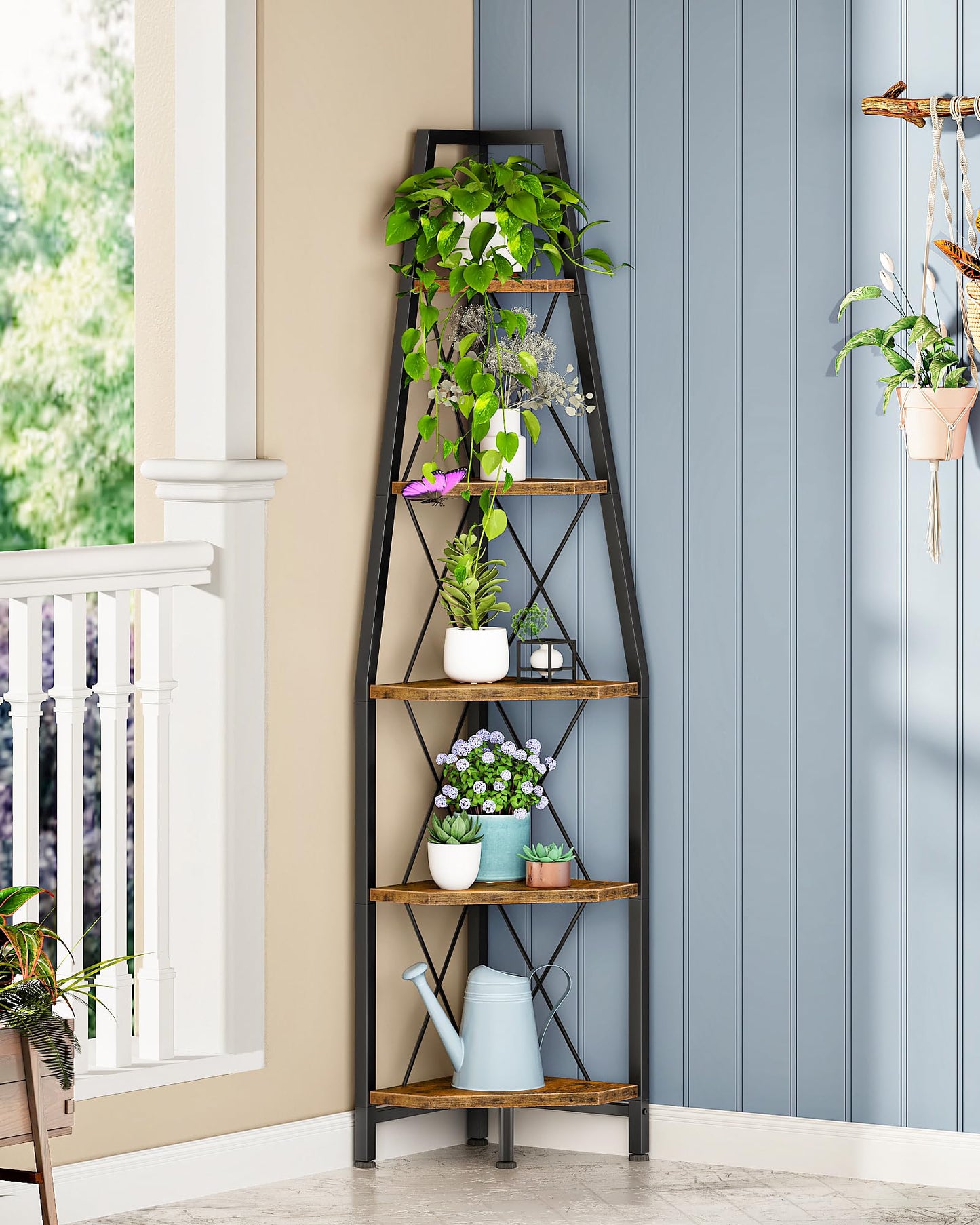 CHOEZON 5-Tier Corner Shelf, Corner Bookshelf, Ladder Shelf, Floor Standing Storage Rack, Open Display Stand, Plant Stand, for Living Room, Bedroom, Study, Bathroom, Rustic Brown and Black TCJ22BF