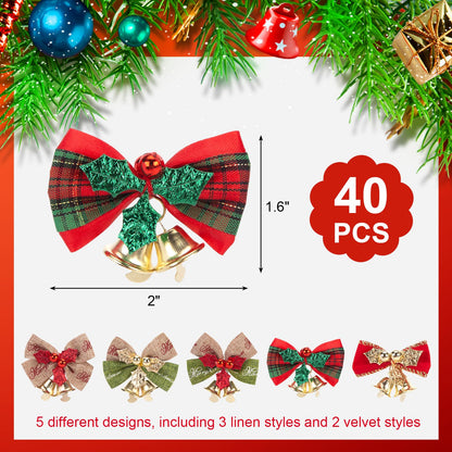 MCPINKY 40PCS Christmas Tree Bows with Bells, Xmas Garland Wreath Bows Ornaments Mini Small Linen Bowknot for Christmas Tree Decor Gift Packaging Decorations