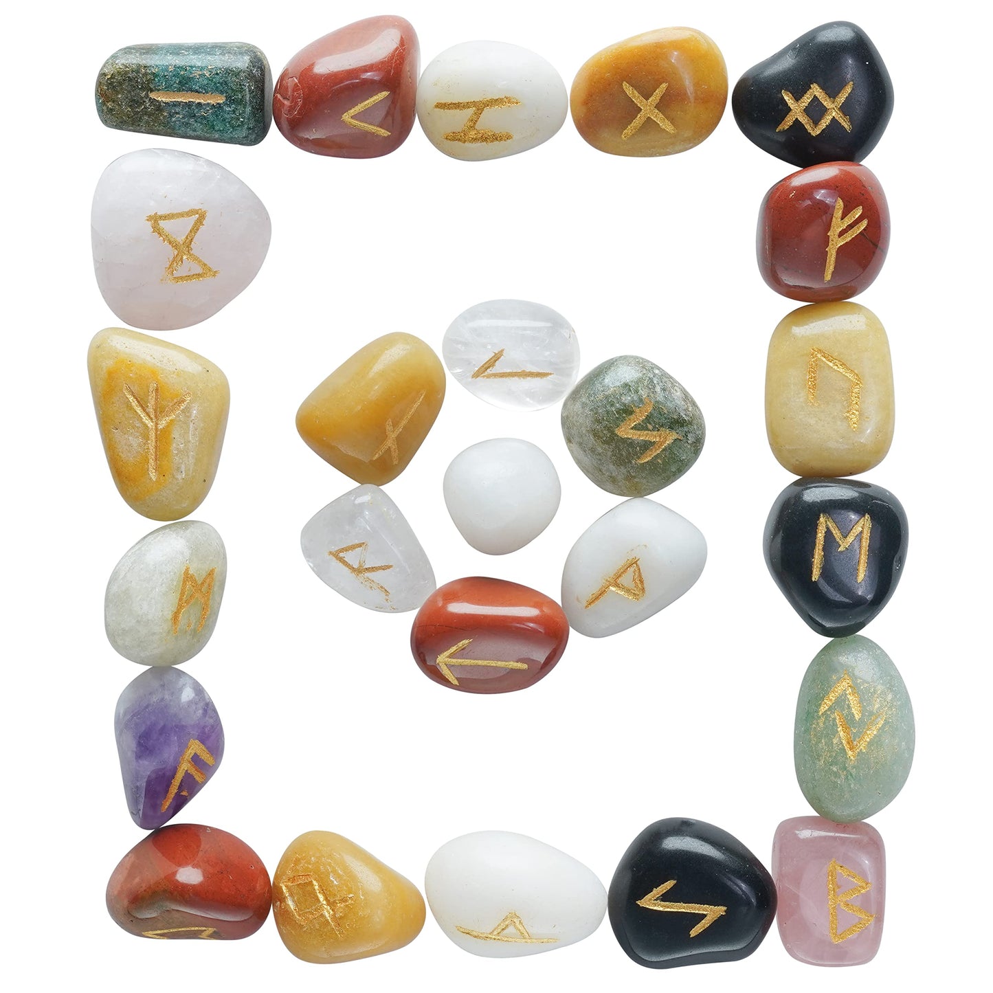 Crocon Mix Chakra Rune Tumble Shape Gemstone Rune with Elder Futhark Alphabet Engraved | 25 pcs Runes Set | Crystal Divination Healing Chakra Reiki | with a Pouch| Size : 25-30 mm
