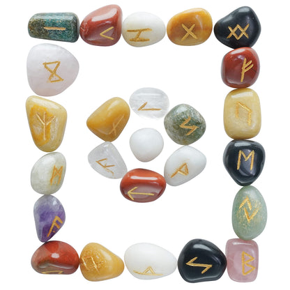 Crocon Mix Chakra Rune Tumble Shape Gemstone Rune with Elder Futhark Alphabet Engraved | 25 pcs Runes Set | Crystal Divination Healing Chakra Reiki | with a Pouch| Size : 25-30 mm