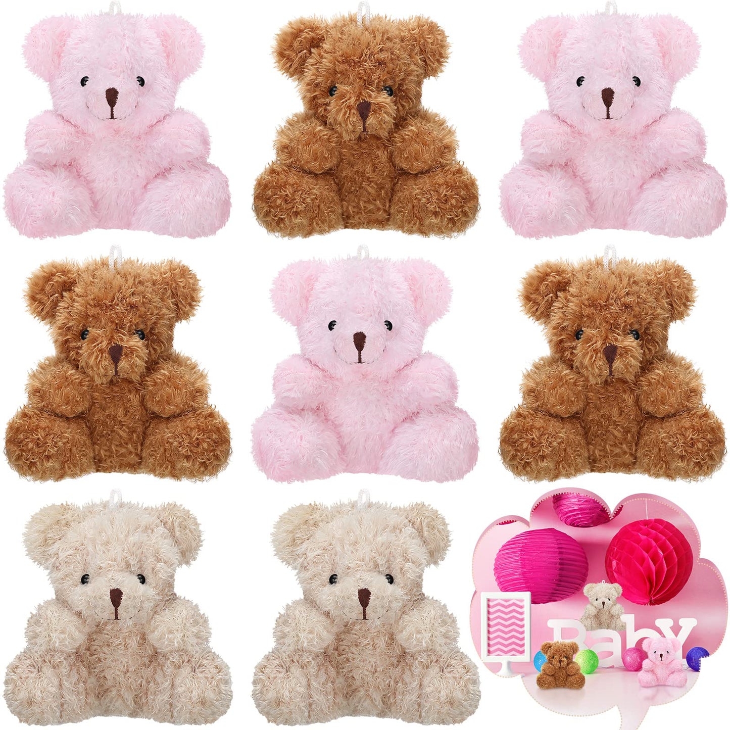 Threan 8 Pcs Mini Plush Bears 4'' Small Bear Bulk Stuffed Animal Toys Tiny Soft Bear Doll Present Stuffers for Keychain Baby Shower Party Favors Supplies(Pink, Brown, Apricot)