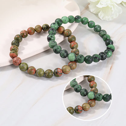 Bivei Natural Gemstone Semi Precious Crystals Handmade Stretchy Round Beads Bracelet, Enhance Positive Energy,Stocking Stuffers for Women(Unakite & Green Agate (Recovery) Medium)