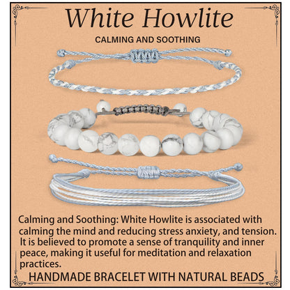 QOGIR Handmade Healing Stones Bracelet,8mm Natural White Howlite Gemstone Beads Bracelet,for Men Women Gifts with 2PCS Size Adjustable Rope Bracelets