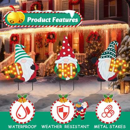 WONDER GARDEN 3 PCS Christmas Yard Signs Christmas Decorations Outdoor, Metal Xmas Yard Stakes Gnomes Lawn Decor, Xmas Garden Stakes with Led Lights for Patio Pathway Outside Decorations