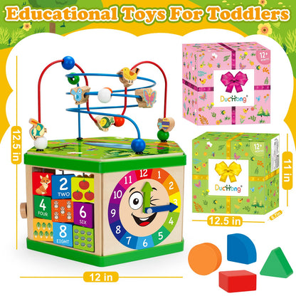 Wooden Activity Cube for 12-18 Month, 1 Year old Boys & Girls, 7-in-1 STEM Montessori Early Developmental Learning Toys for Kids Aged 1-2, Ideal 1st Birthday Gift Toys for Baby, Toddlers (Pink)