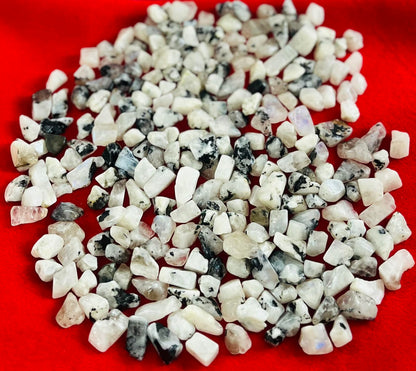 Indian Consigners Natural Crushed Polished Tumbled Gem Stone Chips, Decoration & Healing Crystals (Rainbow Moonstone)