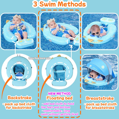 Mambobaby Float Add Tail No Flip Over Non-Inflatable Baby Swim Float Pearl Foam Solid Water Floats Smart Swim Trainer Infant Pool Float Swim Ring with Sun Canopy