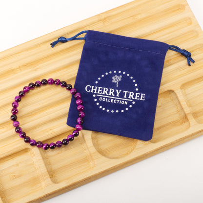 Cherry Tree Collection - Small, Medium, Large Sizes - Gemstone Beaded Bracelets For Women and Men - 6mm Round Beads (Purple Tiger's Eye - Medium)