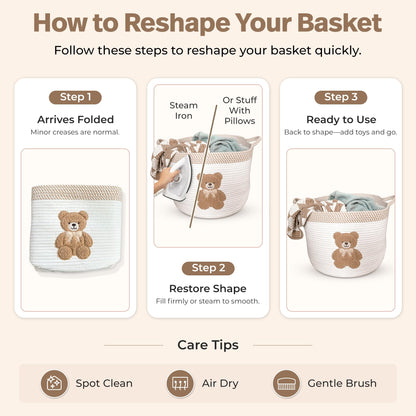 Teddy Bear Storage Basket for Nursery – Large 15"x11" Cotton Rope Bin with Soft Embroidered Bear Patch – Gender Neutral Toy Organizer, Baby Laundry Hamper, Blanket & Diaper Holder