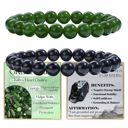 Bivei 2-Piece 8mm Beaded Bracelets for Women – Black Tourmaline, Green Jade – Natural Crystal Handmade Stretch Jewelry for Meditation, Protection & Gifts Yoga