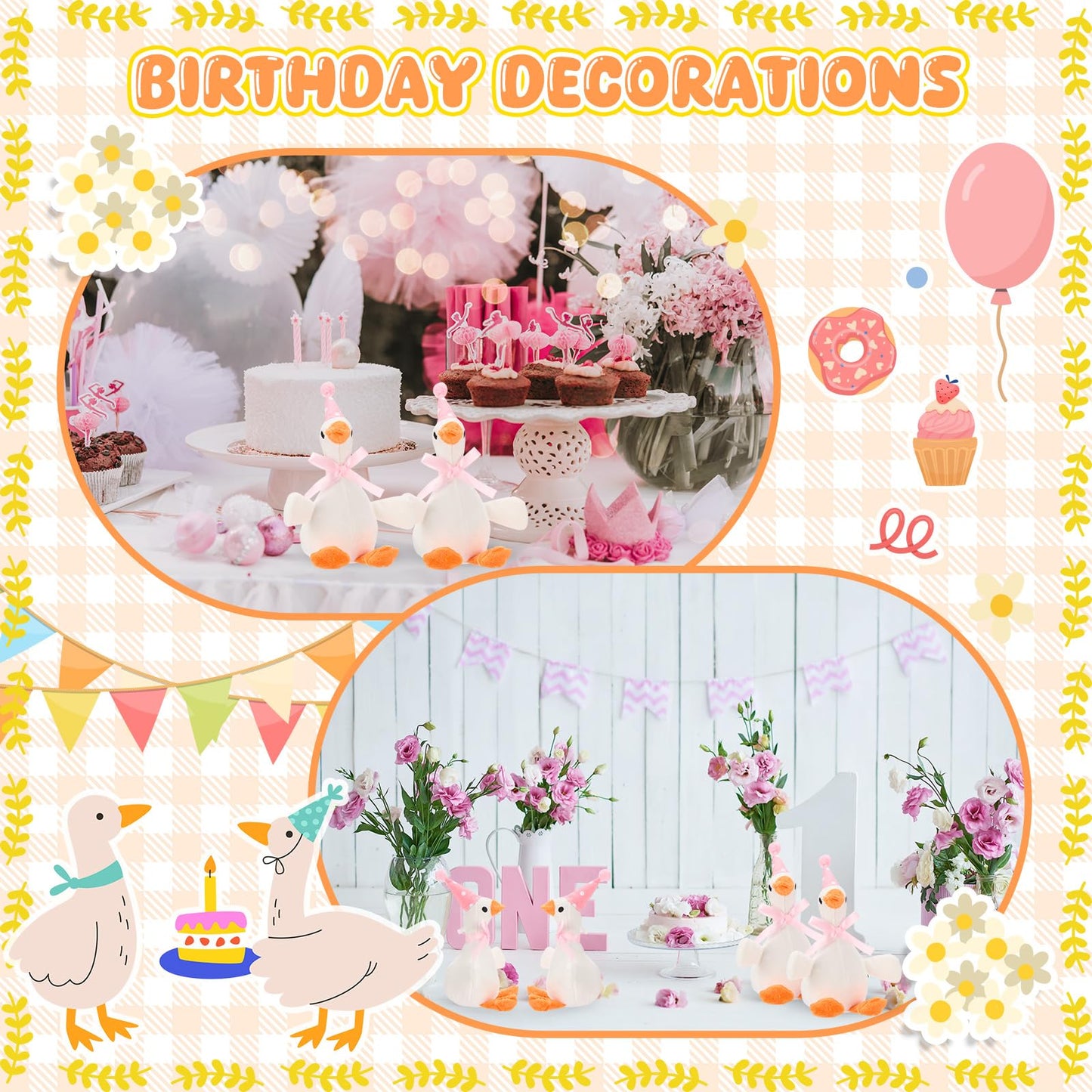 Vertintong 24 Pcs Silly Goose Plush Stuffed Animal Toy Birthday Decorations 8 inch One Silly Goose Baby Shower Party Favor Duck Stuffed Animal with Birthday Hat for Girls Funny Party Supplies (Pink)