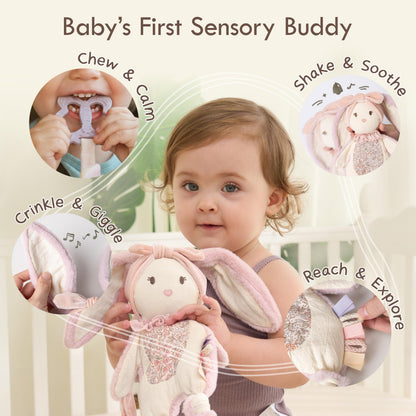Moonkie Baby Lovey & Silicone Toy Cars Bundle, Bunny Security Blanket with Removable Silicone Teether, Crinkle & Rattle Sensory Toy, 5 Pack Soft Silicone Push and Go Cars for Babies and Toddlers, Baby