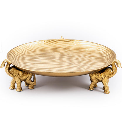 JUUVANA Round Golden Serving Tray with Handles – Decorative Coffee Table Tray, Round Decorative Tray, Gold Table Decor for Dining Table Centerpiece Decor, Vanity Tray, Perfume Tray