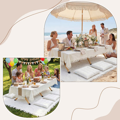 Novabright 10 Pcs Picnic Kit Folding Picnic Table 59'' x 20.5'' Large Outdoor Boho Blanket 91'' x 71'' Beige Table Runner 6 Floor Pillows Cushions Woven Cotton Oversize Washable for Camp Wedding