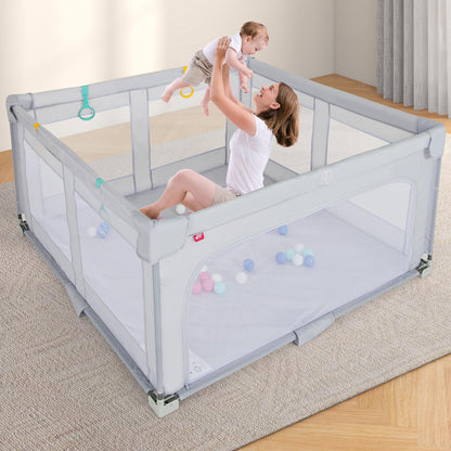 Costzon Foldable Playpen for Babies, 59''x59'' Portable Baby Play Pen with 50 PCS Ocean Balls, 4 Handles, Carry Bag, Visible Mesh, Kids Activity Center with Gates, Indoor & Outdoor Baby Gate Play Pen