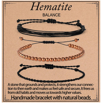 QOGIR Handmade Healing Bracelet,4mm Natural Copper Hematite Gem Stone Beads Bracelet Gifts for Men Women with 2PCS Size Adjustable Rope Bracelets