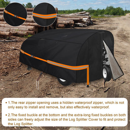 Goctoke 1200D Log Splitter Cover with Orange Reflective Strips, High Visibility Wood Splitter Protector for 15-60 Ton (94.5" x 49.6" x 41.7"), All Weather Tarp with Ground Stakes