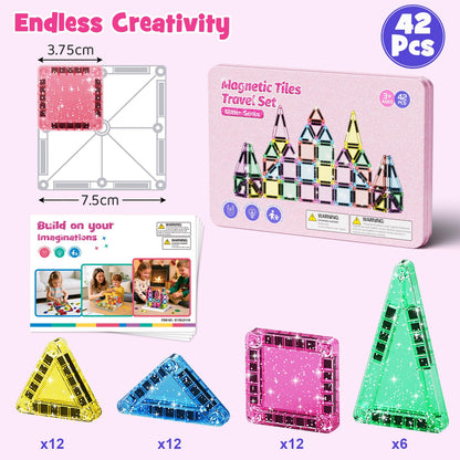 WMXDU 42-Piece Glitter Magnetic Tiles Travel Set with Pink Metal Box - Portable STEM Building Blocks for Kids Ages 3-8 Boys & Girls STEM Montessori Educational Toys for Airplane Car Rides