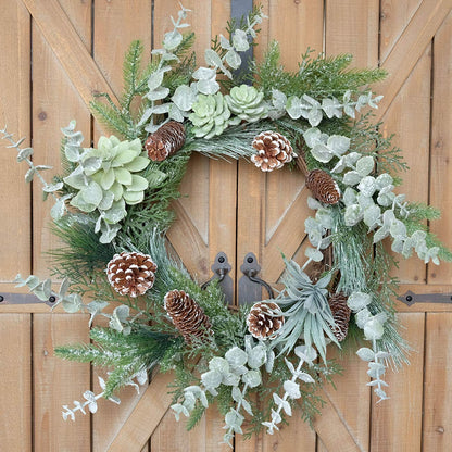 Idyllic 22 Inch Greenery Winter Wreath with Snowy Pine Cones and Succulent Plants - Large Christmas Wreath for Front Door, Rustic Farmhouse Pine Wreath for Indoor Outdoor Decor