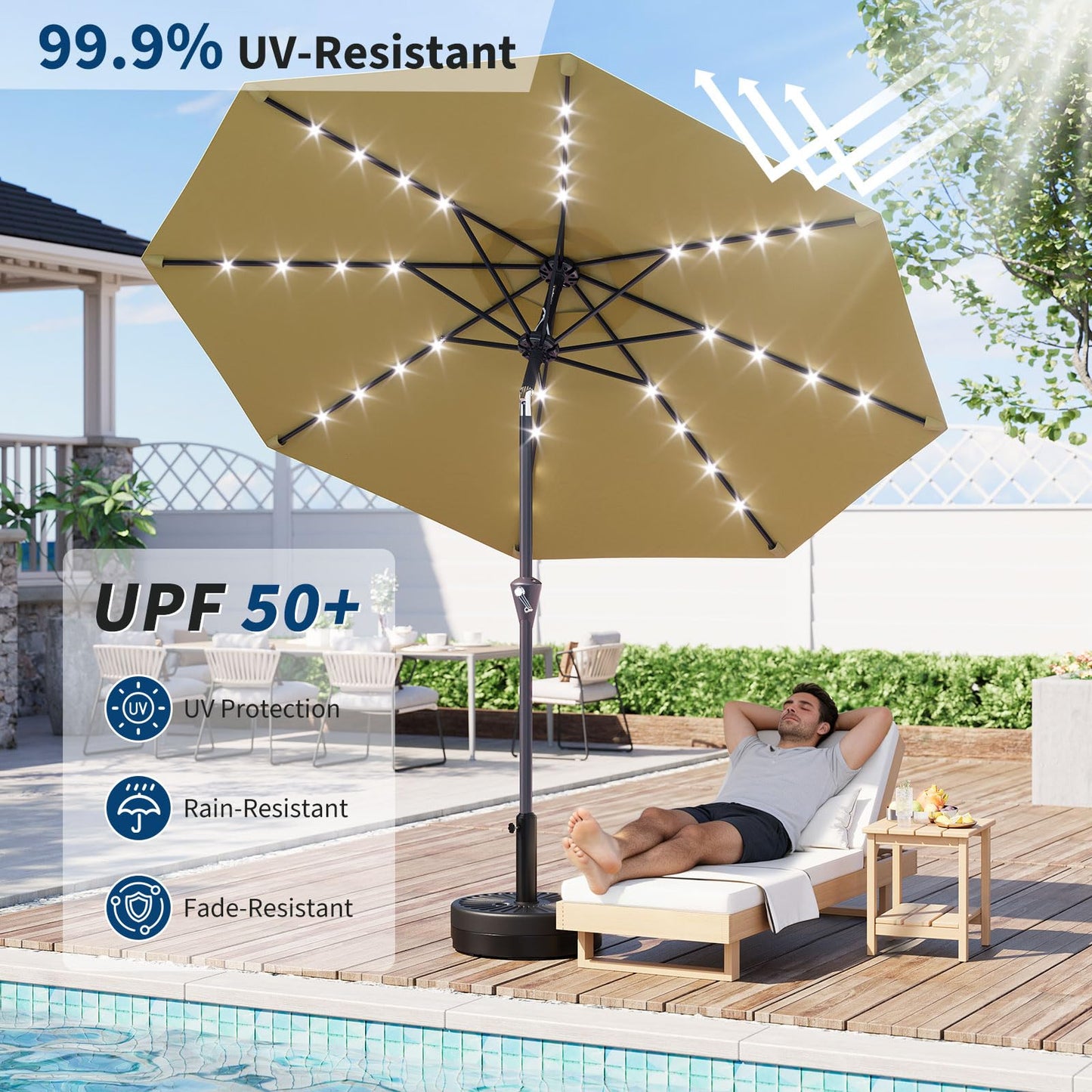 GarveeLife 10FT Patio Umbrella Outdoor, Table Umbrella with solar lights, 8 Sturdy Ribs UV Protection Waterproof for Garden, Pool, Deck (Tan)