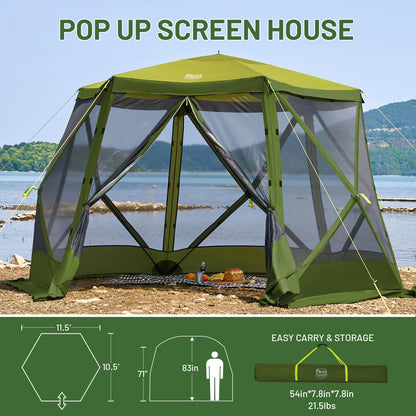 Timber Ridge Easy Pop Up Gazebo Canopy Tent for Camping, 11.5 X 9.8 Ft Portable Instant Screenhouse, Pop Up Screened in Canopy with Netting for Backyard, Patio, Outdoor, Tailgating, Picnics, Green