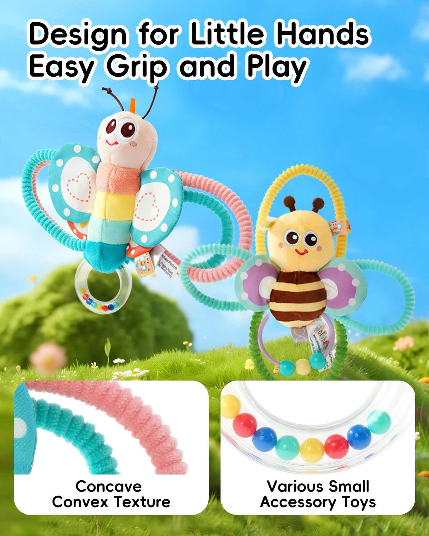Jollybaby Soft Baby Rattles & Plush Rings Toy for Newborn 0-3-6-12 Months, Sensory Developmental Hand Teether Toys for Infant 0-2-4-7-8-9 Months, Baby Shower & Birthday Gifts - Bee