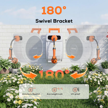 FIXCHIGO Retractable Hose Reel 5/8" x 100 FT, Heavy-Duty Garden Hose with Aluminum Bracket & Brass Seal, 10-Pattern Nozzle, Auto Rewind & Any-Length Lock, 180 Swivel, Wall Mount for Yard Lawn Patio