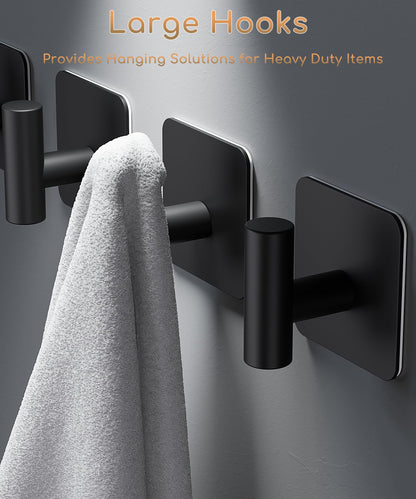 Aikzik 4 Pack Large Heavy Duty Wall Hooks - 26lb Max, Stainless Steel Adhesive Towel Hook, Shower Hooks for Hanging Towel, Coat, Robe, Wall Hook for Use in Bathroom, Kitchen and Door, Matte Black