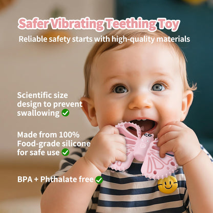 Vibrating Teether for Baby - Chewy Sensory Toy for Teething & Autism, 10-Speed Vibration Modes, USB Rechargeable, Food Grade Silicone Teether for Sensory Seekers(Pink)