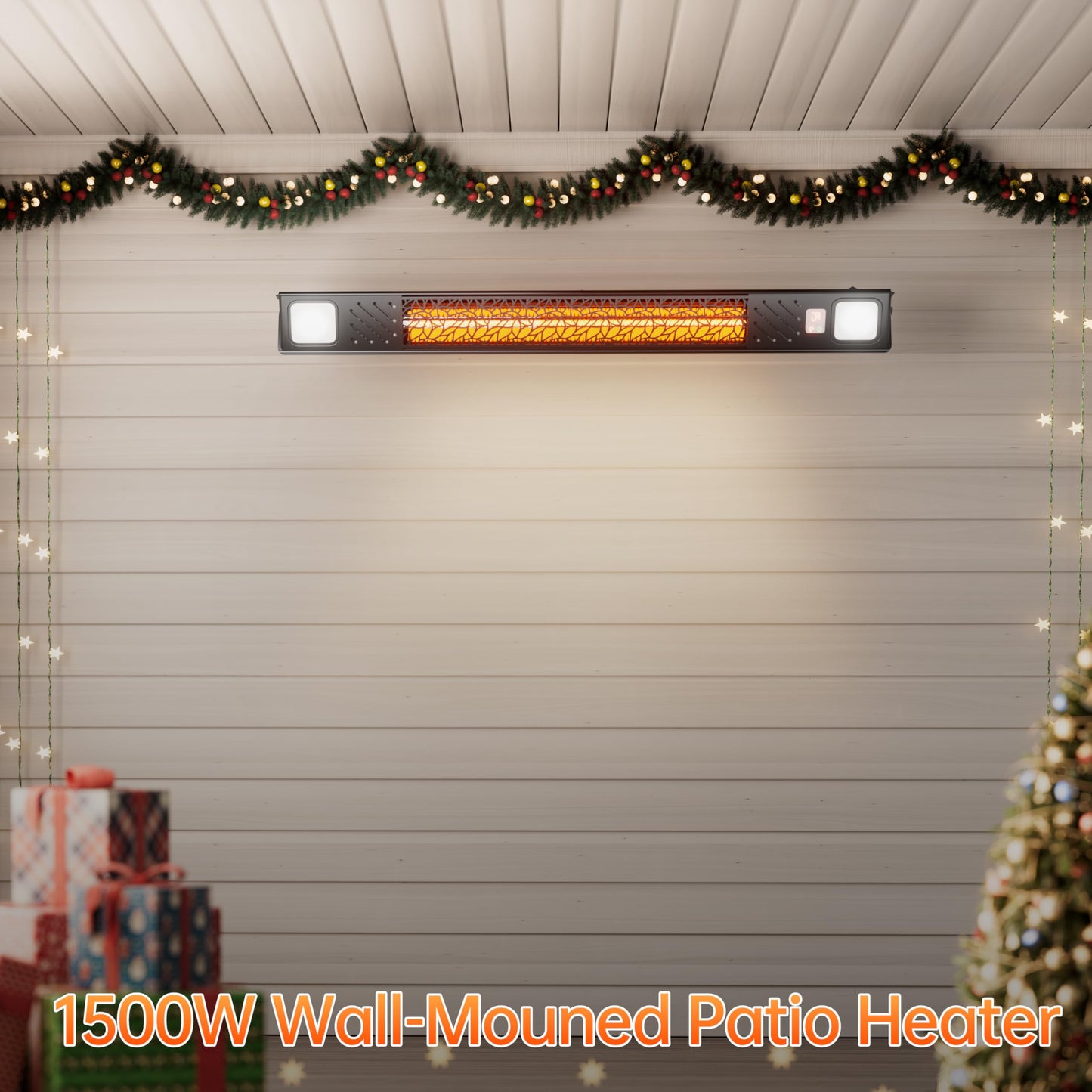 Wall-Mounted Electric Heater Hanging Patio with Light Ceiling Outdoor, 1500W Infrared 9 Heat Levels, 24H Timers, 1s Heating Carbon Fiber Tube Wall Heater for Backyard, Garage