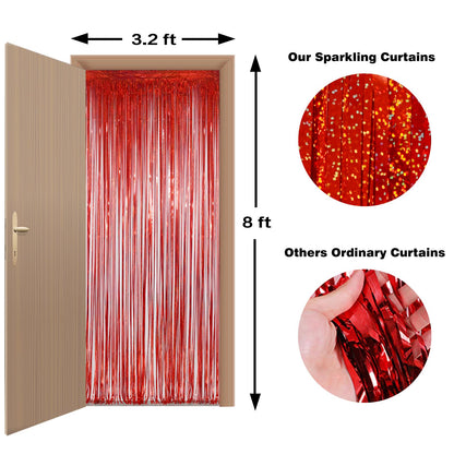 Red Tinsel Curtain Backdrop for Party Decorations - Sparkle Foil Tinsel Fringe Curtains Photo Backdrop Booth (3.2ft x 8ft, 2 Packs)