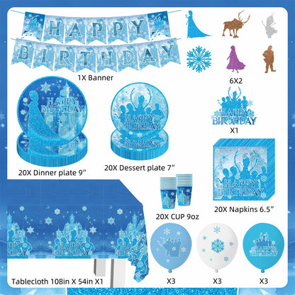 tetcuican 104Pcs Frozen Birthday Party Decorations, Snow Theme Party Supplies Set Include Banner, Balloons, Tablecloth, Cake Toppers, Cupcake Toppers, Plates, Napkins for Winter Birthday Decorations