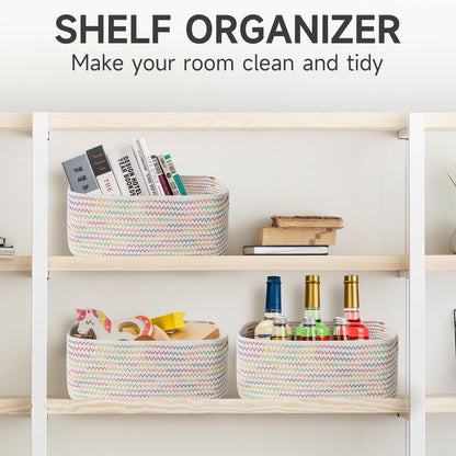Maxuni 3-Pcs Shelf Baskets for Organizing, Closet Organizer Bins, Small Woven Baskets, Rope Toy Basket, Storage Basket for Shelves, Cube Decorative Box, 11.8×7.8×5.1”, Rainbow
