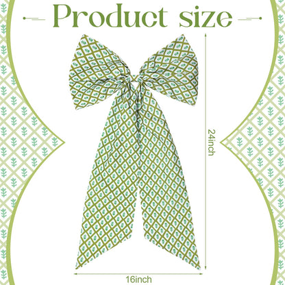 HunnmingRe 2 Pcs Green Block Print Bow Wreath Sash 24 x 16 Inch Christmas Wreath Sash for Front Door Holiday Floral Burlap Bow Accessories for Doorway Indoor Outdoor Garland Home (Green)