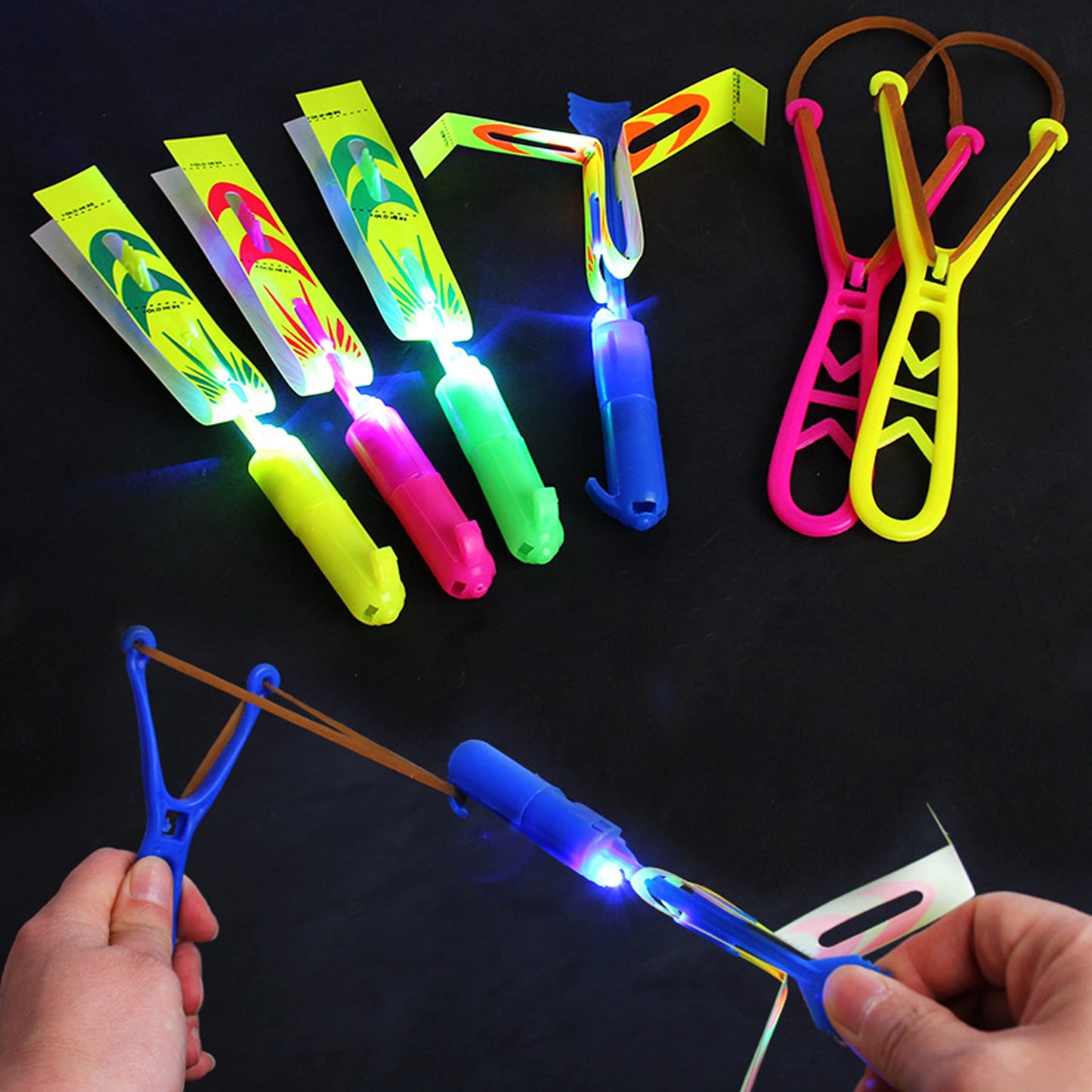 TOYARA Amazing Led Flying Toys for Toddler -12 PCS Light up Slingshot LED Helicopter Toy - Arrow Planes Glow in The Dark Party Favors for Kids Summer Toys Outdoor Game Birthday Gifts for Kid 8-12