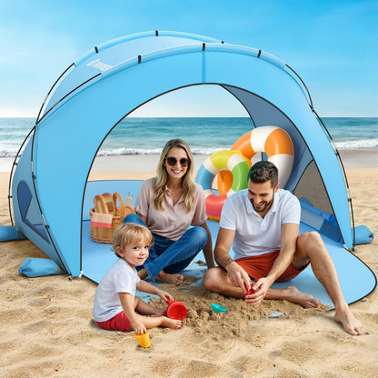 Raynesys Beach Tent Sun Shelter, Beach Shade Tent with UPF50+ UV Protection, Portable Sun Shelter for 1-3 Person, Shade Tents with 2 Zippered Doors for Sand Camping Fishing, Blue