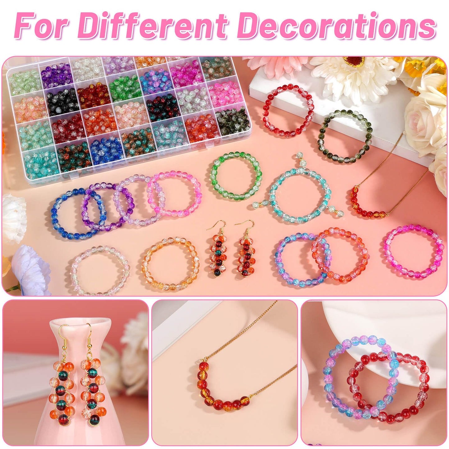 shynek 1400 Pieces 6mm Round Glass Beads for Bracelets, 28 Colors Bracelet Beads, Glass Crystal Beads for Jewelry Making, Bracelet Making and DIY Crafts(Crackle Color)
