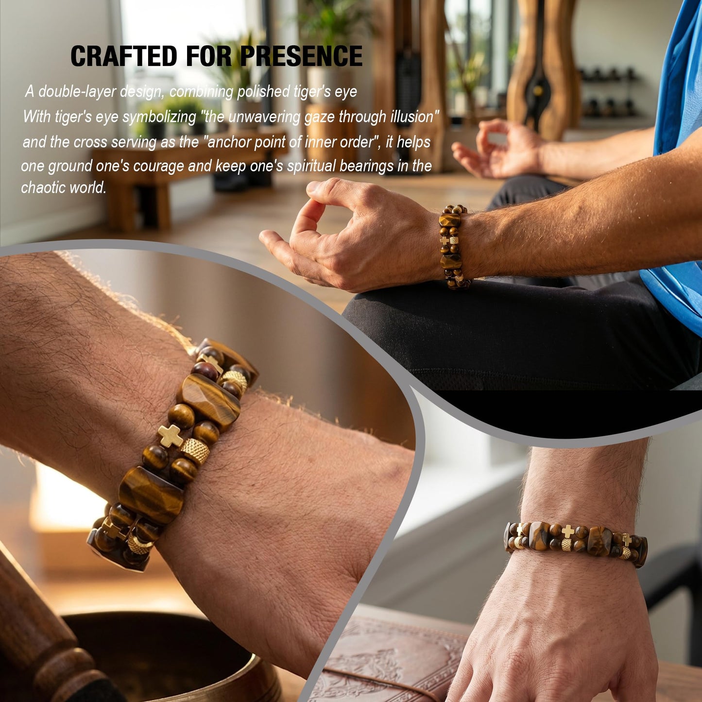 Christian Gifts for Men, Jesus Cross Bracelet for Men Handmade Double Elastic Beaded Bracelets Natural Crystal Gemstone Religious Jewelry for Boyfriend Husband Birthday Anniversary (Tigers Eye)