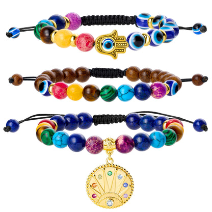 Bivei Evil Eye Bracelet Natural Semi Precious Gemstone Beads 7 Chakra Crystal Stone Beaded Adjustable Braided Bracelets for Women Men Yoga Meditation(Evil Eye)