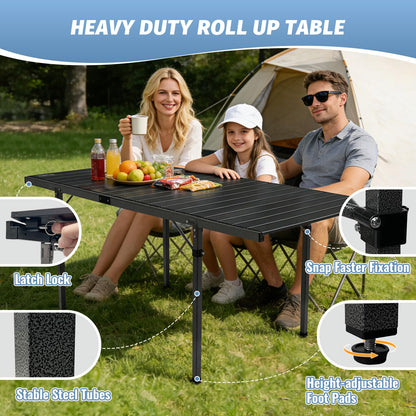 WKFAMOUT 29.9" Tall Folding Camping Table for 2-6 Person, 54.7" Large Aluminum Foldable Roll-up Table Outdoor with Carry Bag for Picnic, Camp, Sturdy, Backyard, Patio
