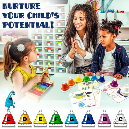 MINIARTIS Desk Bells for Kids | Educational Music Toys for Toddlers 8 Notes Colorful Hand Bells Set | Kids Musical Instrument with 15 Songbook | Great Birthday Gift for Children