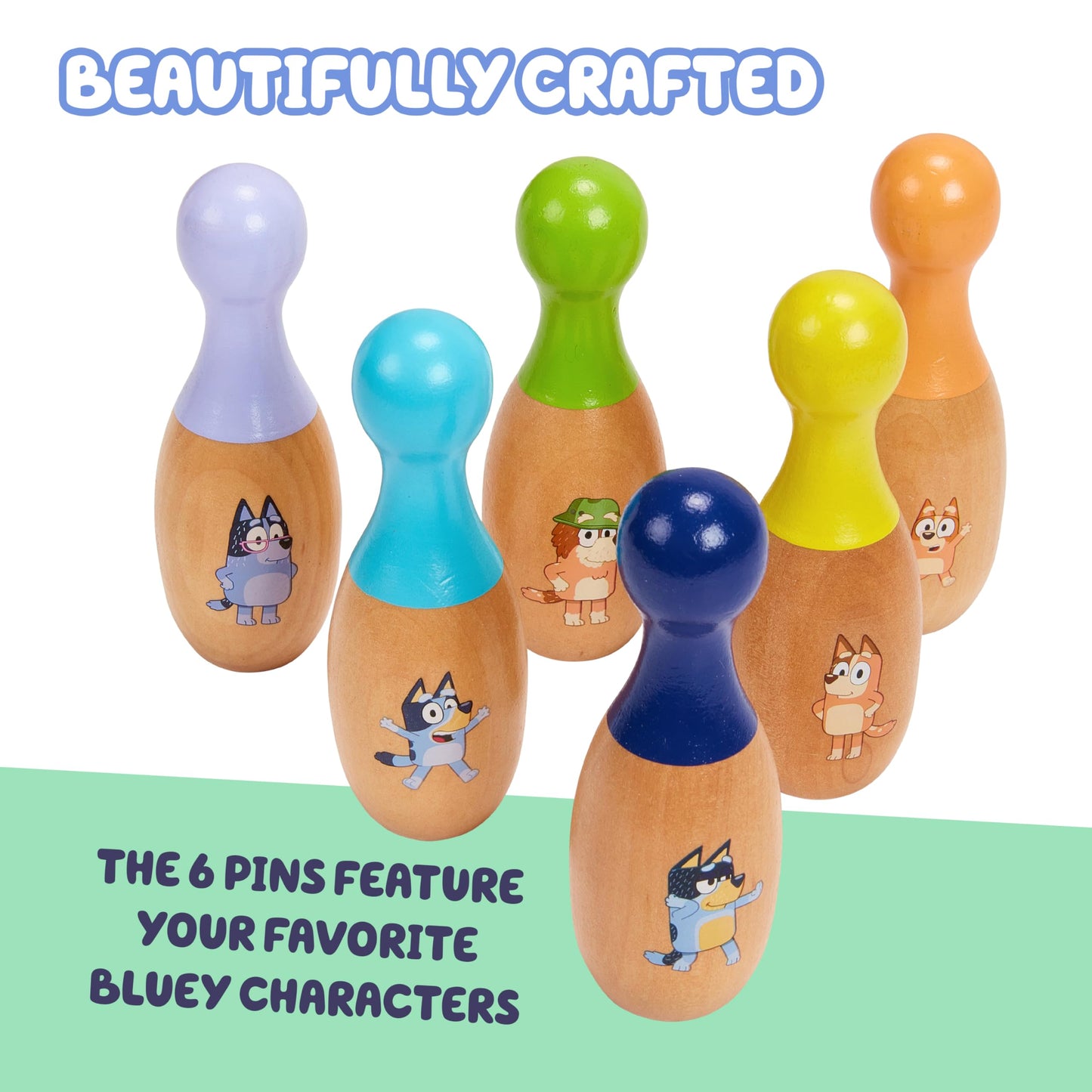 Bluey Wooden Bowling Set – Skittle Game with 6 Character Wooden Bowling Pins, Durable Toy for Kids Ages 3+, Indoor & Outdoor Play