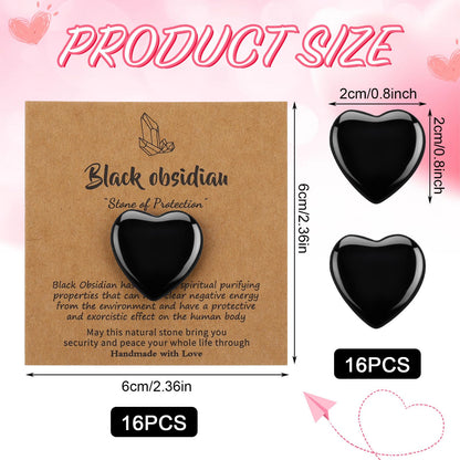 YooNotee 32 Pack Black Obsidian Heart Stone Gift Sets Bulk 0.8 Inch 16 Pcs Crystal Gemstone Crystals Rock with 16 Pcs Cards for Men Women