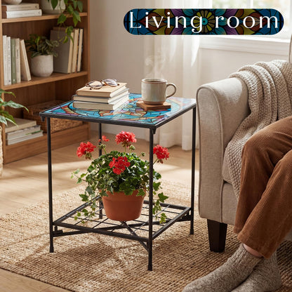 Cinnvoice Outdoor Side Table 2-Tier Storage Square Small Mosaic Patio Accent Indoor End Plant Coffee Tea Table for Yard Patio Porch Garden Living Room, Bedroom(Mandala Style)