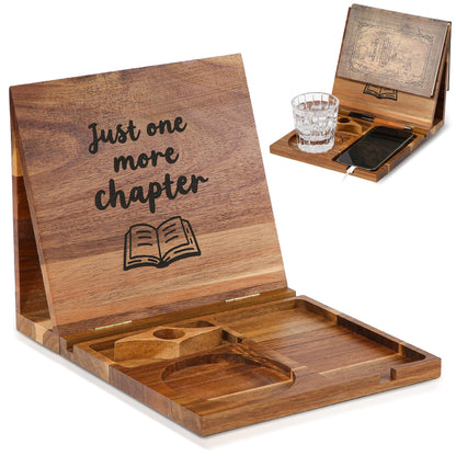 Book Holder Stand for Reading Rest, Wooden Foldable Book Rest with Book Page Holder, Cup, iPad & Phone Stand, Book Nook Reading Valet Desktop Triangle Bookstand Bookshelf for Readers Bookworms Gifts