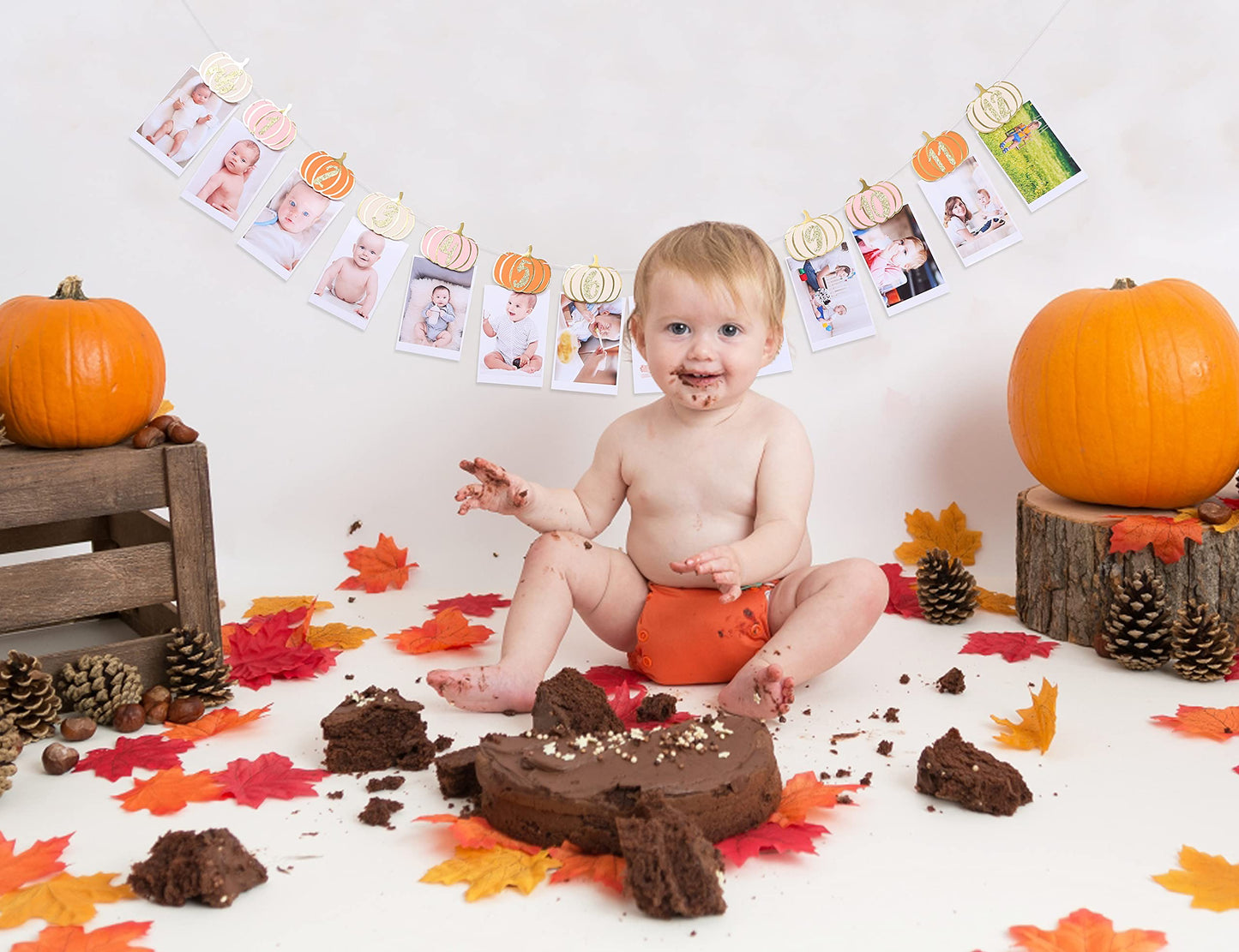 Pumpkin 1st Birthday Monthly Photo Banner for Baby Girls - Newborn to 12 Month Milestone, Pink Orange and Gold - First Birthday Decorations for Girl