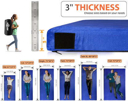 GAIALOOP 3 Inch Memory Foam Camping Mattress, Dual Layer Thick Sleeping Camp Pad for Car Tent Cot, Roll-Up Portable Glamping Floor Bed for Guests Sleepover[Cot: 72 * 24 * 3"]