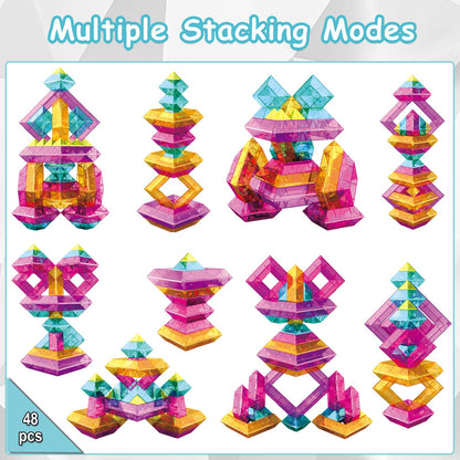 TEANXU 48 PCS Building Blocks Set for Kids, STEM Preschool Learning Stacking Toys for Toddlers Ages 3 4 5 6 - Pyramid Stacking Blocks with Storage Bag - Light Table Compatible