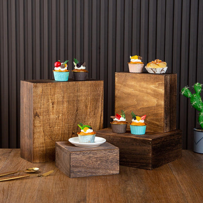 VDEHOM Vintage Brown Square Wooden Cake Stands For Display,Set Of 4 Wood Cupcake Stands Risers, 12 Inches Rustic Wood Crates For Wedding Cake Display, (Vintage Brown)